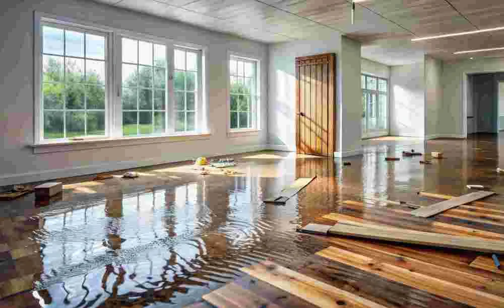 Standing water covering the floor of an empty room